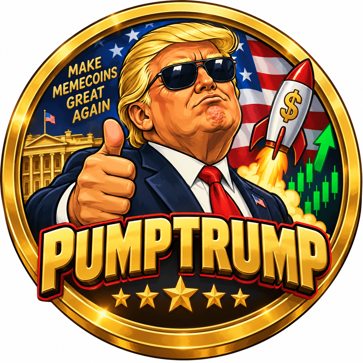PUMPTRUMP gold coin featuring a Trump caricature, American flag and rocket